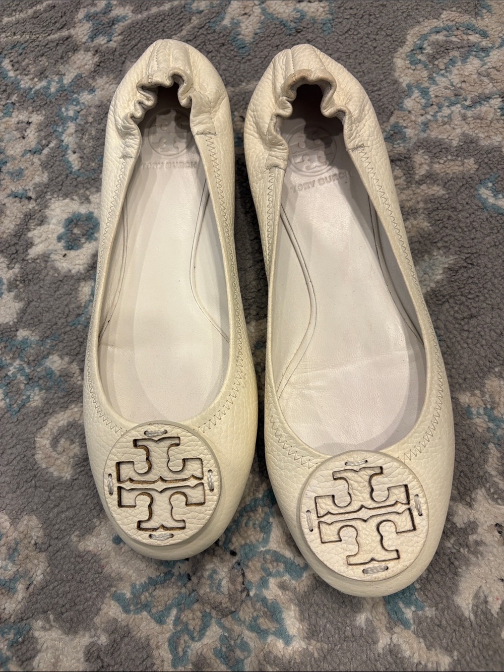 Tory Burch Ivory Leather Logo Ballet Flats, Like New, 10 M